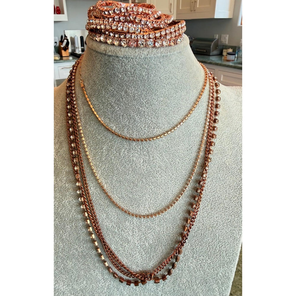 Vintage Vincero Rose Gold Tone Rhinestone Jewelry Lot Necklace Bracelet Bangles